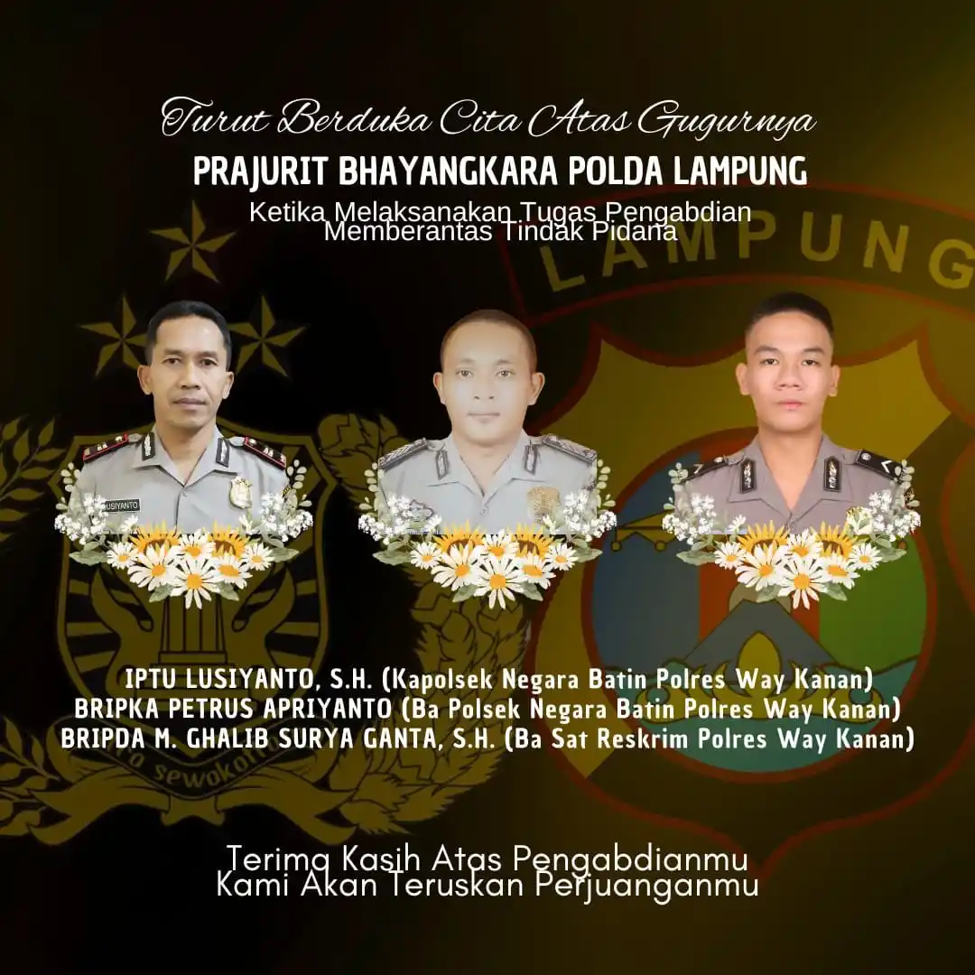 Tiga anggota Polres Way Kanan Lampung tewas saat menggerebek judi sabung ayam di Kampung Karang Manik, Kecamatan Negara Batin, Kabupaten Way Kanan, Senin, 17 Maret 2025