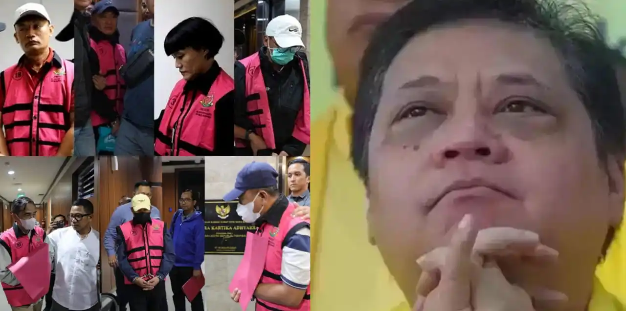 7 tersangka suap pada penanganan perkara ekspor crude palm oil (CPO) di Pengadilan Tindak Pidana Korupsi (Tipikor) pada Pengadilan Negeri Jakarta Pusat dan Airlangga Hartarto (Foto: Kolase MI/Aswan)