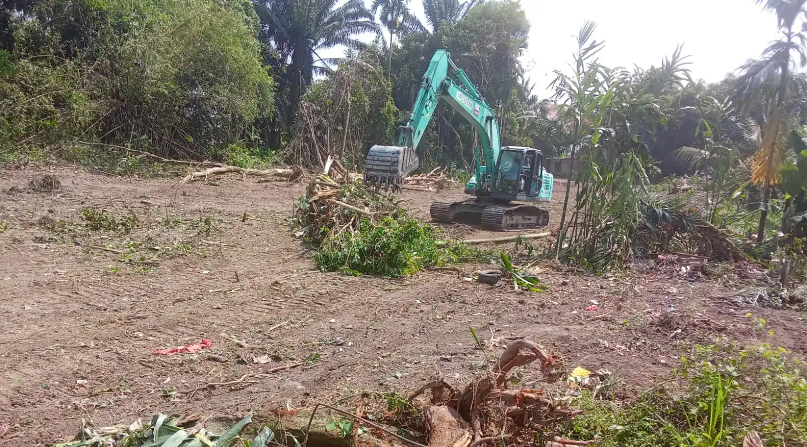 Alat berat jenis ekskavator terlihat tengah beroperasi membuka lahan di tengah permukiman warga Kelurahan Aur Kenali, Kota Jambi. Aktivitas ini diduga terkait pembangunan jalan hauling menuju stockpile milik PT. Sinar Anugrah Sentosa (SAS) yang menuai penolakan keras dari masyarakat setempat (Foto: Dok/MI)