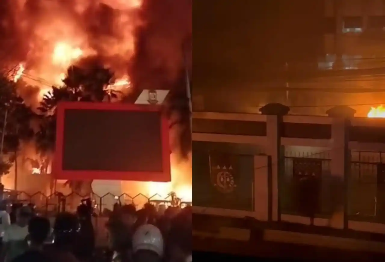 Api berkobar di Gedung DPRD Kota Makassae (kiri) dan di Kejati Sulsel (kanan) pada Jumat (29/8/2025) malam. Foto: Kolase MI/Aswam