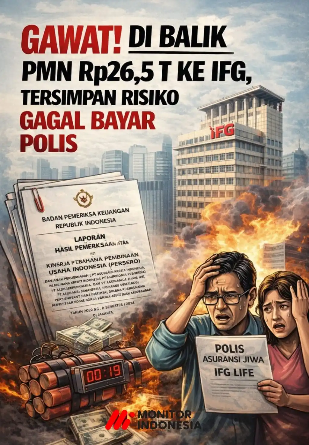 Ilustrasi gedung kantor IFG (Indonesia Financial Group) di kawasan pusat bisnis Jakarta, dipadukan dengan visual dramatis dokumen audit, uang terbakar, dan pemegang polis cemas sebagai simbol peringatan atas risiko tekanan keuangan dan potensi gagal bayar klaim di tengah suntikan PMN negara. (Foto: Dok MI/Olahan)