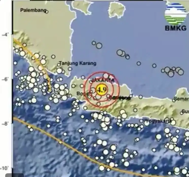 Badan Meteorologi, Klimatologi, dan Geofisika (BMKG) mencatat telah terjadi gempa bumi magnitudo 4,9 telah mengguncang wilayah Bekasi, Jawa Barat pada Rabu (20/8/2025).