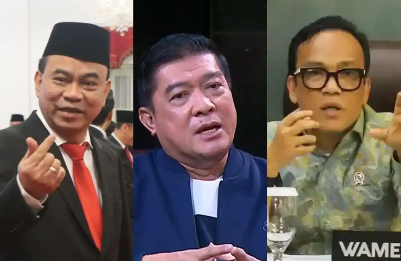 Wakil Menteri Ketenagakerjaan (Wamenaker) Immanuel Ebenezer alias Noel (kanan), Ketua Umum Solidaritas Merah Putih (Solmet) Silfester Matutina (tengah) dan Menteri Koperasi/Mantan Menkominfo Budi Arie Setiadi (kiri). Foto: Kolase MI/Aan