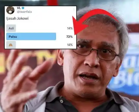 Ijazah mantan Presiden RI ke-7 Joko Widodo alias Jokowi 72% palsu versi musisi senior Iwan Fals melalui jajak pendapat (polling) pada akun media sosial X miliknya, @iwanfals.