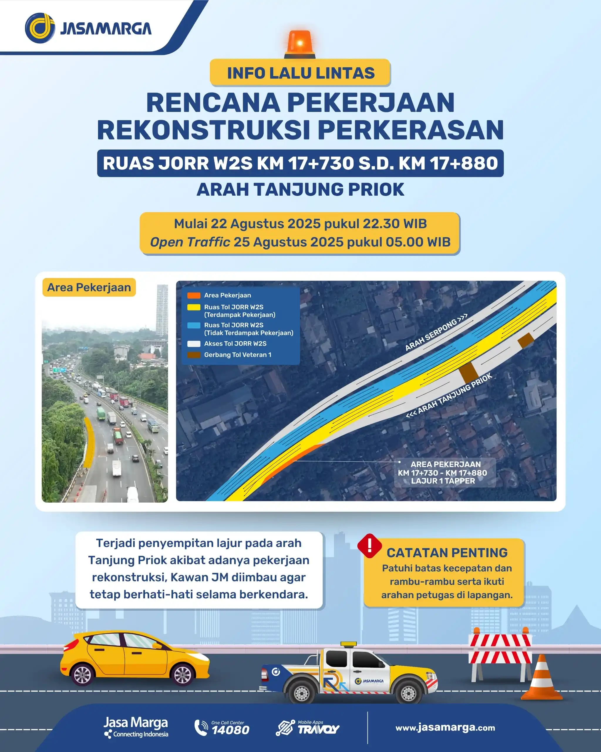 Rencana pekerjaan rekonstruksi perkerasan Jalan Toll JORR W2S Arah Tanjung Priok. (Foto: Dok/Jasamarga)