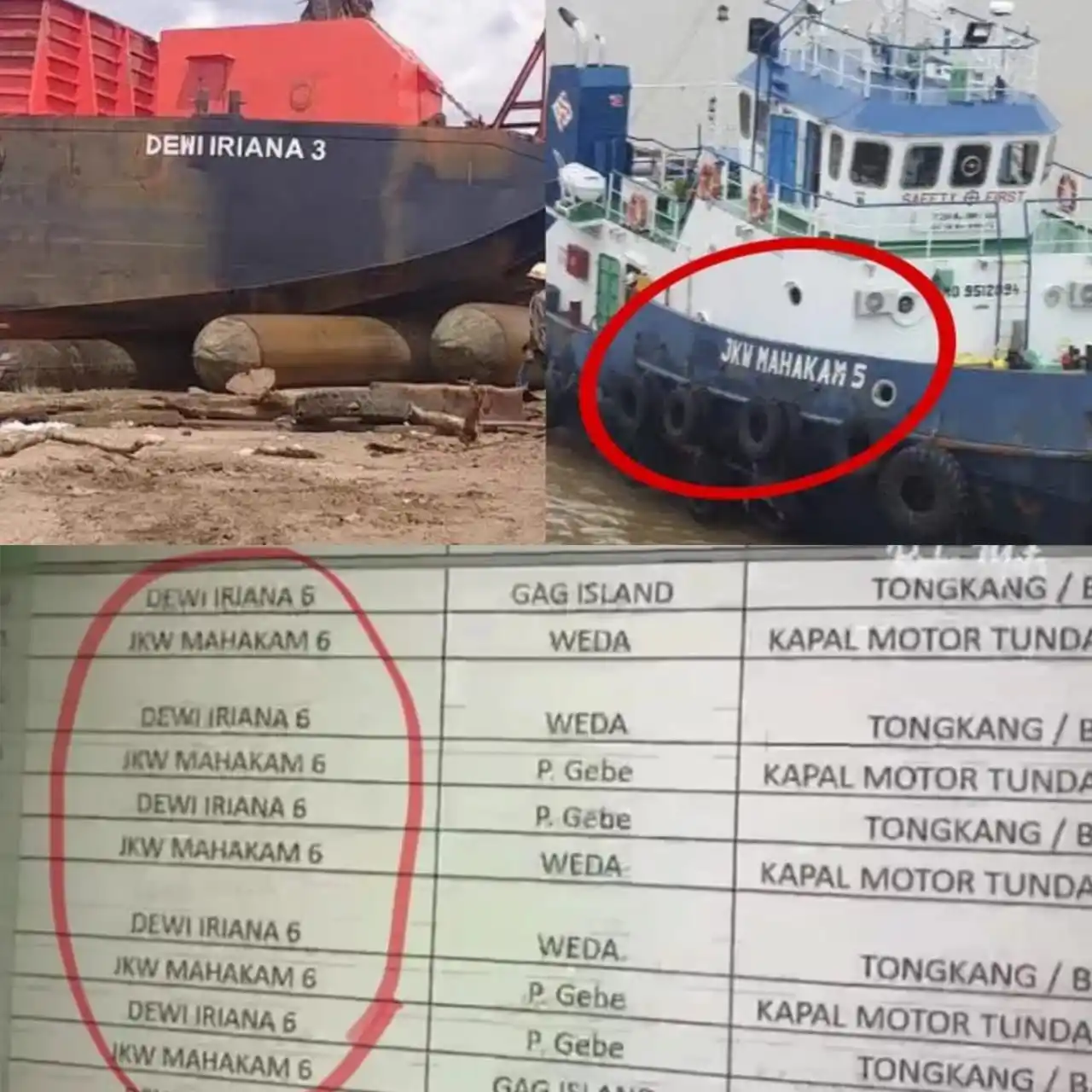 Kapal JKW Mahakam dan Dewi Iriana yang dikaitkan dengan tambang nikel di Raja Ampat Papua (Foto: Kolase MI)