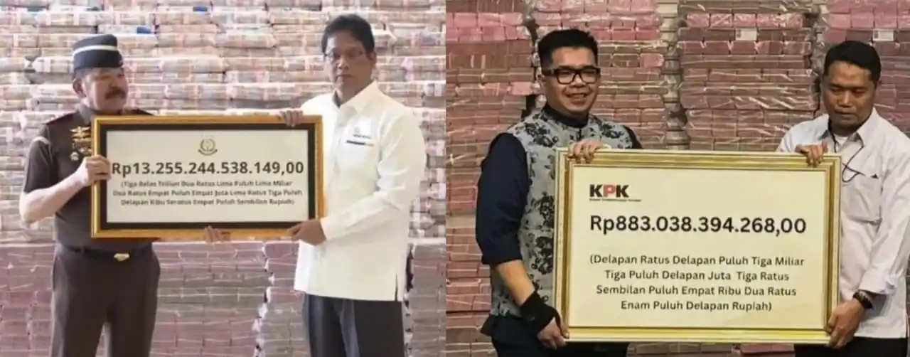 Kejaksaan Agung (Kejagung) memamerkan uang senilai Rp13 triliun hasil barang bukti kasus korupsi pemberian fasilitas ekspor crude palm oil (CPO) dari terdakwa korporasi (kiri) dan Komisi Pemberantasan Korupsi (KPK) memamerkan tumpukan uang Rp 883 miliar hasil rampasan kasus investasi fiktif PT Taspen (kanan) (Foto: Kolase MI/Diolah)
