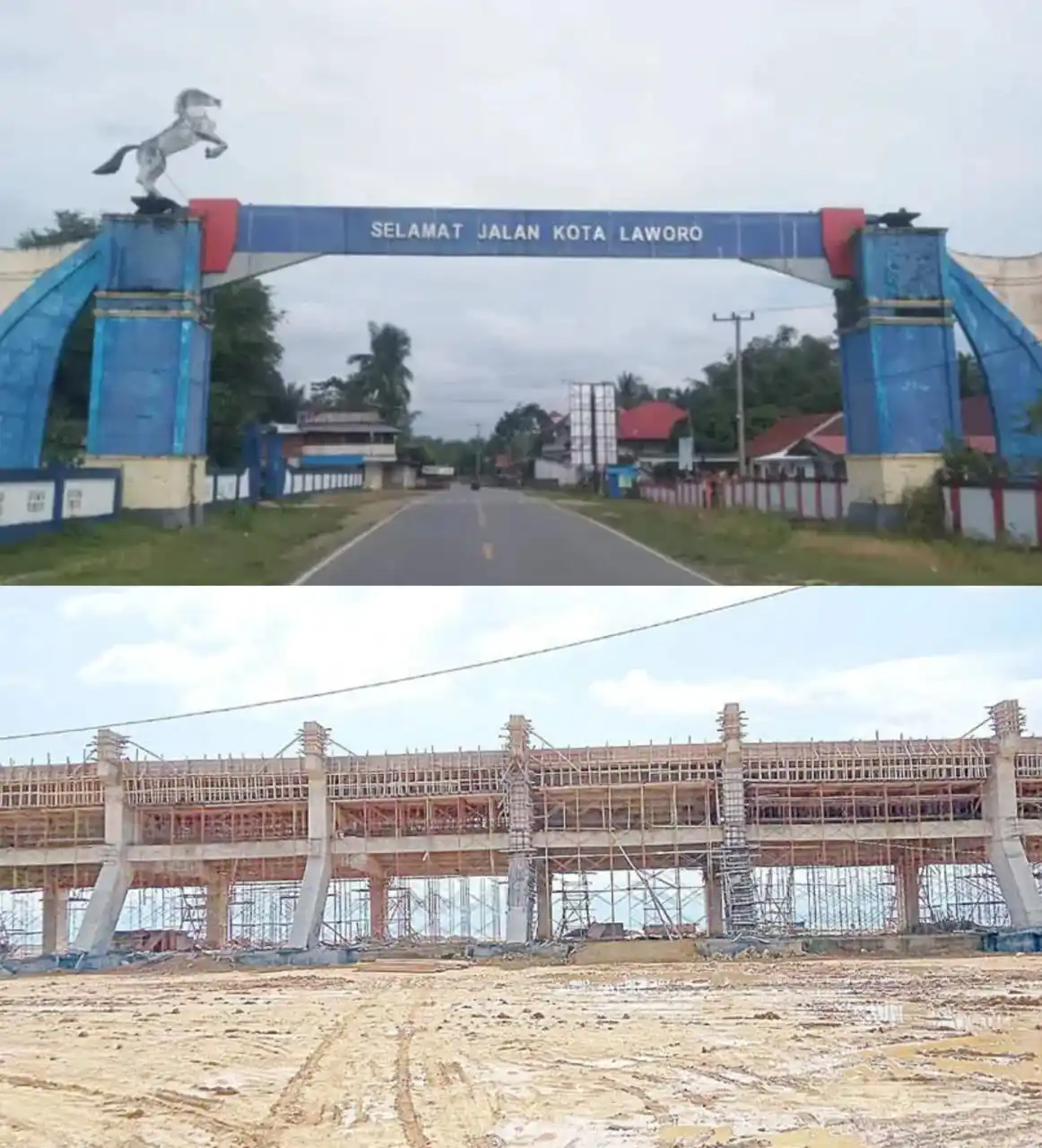 Proyek pembangunan Stadion Motewe, Kota Raha, Kabupaten Muna dan Gerbang Muna Barat, Sulawesi Tenggara. (Foto: Kolase MI)