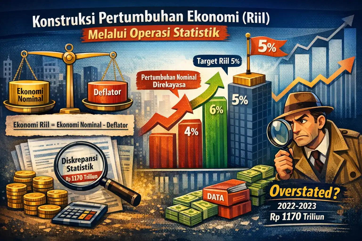 Ilustrasi visual yang menggambarkan dugaan konstruksi pertumbuhan ekonomi riil melalui operasi statistik. Timbangan antara ekonomi nominal dan deflator menunjukkan proses penentuan ekonomi riil sebagai nilai residu, sementara grafik pertumbuhan menampilkan lonjakan artifisial dari 4 persen menjadi 6 persen untuk mengejar target riil 5 persen. Kaca pembesar menyoroti besarnya diskrepansi statistik 2022–2023 yang mencapai Rp1.170 triliun, memunculkan tanda tanya atas akurasi data pertumbuhan ekonomi Indonesia. (Dok MI)