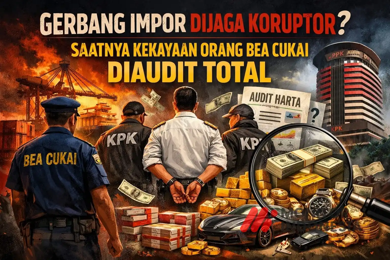 Ilustrasi visual yang menggambarkan penindakan korupsi di sektor impor, dengan simbol petugas penegak hukum, gerbang pelabuhan, serta sorotan terhadap tumpukan uang dan emas sebagai representasi dugaan harta tidak wajar pejabat Bea Cukai yang didorong untuk diaudit menyeluruh. (Foto: Dok MI)