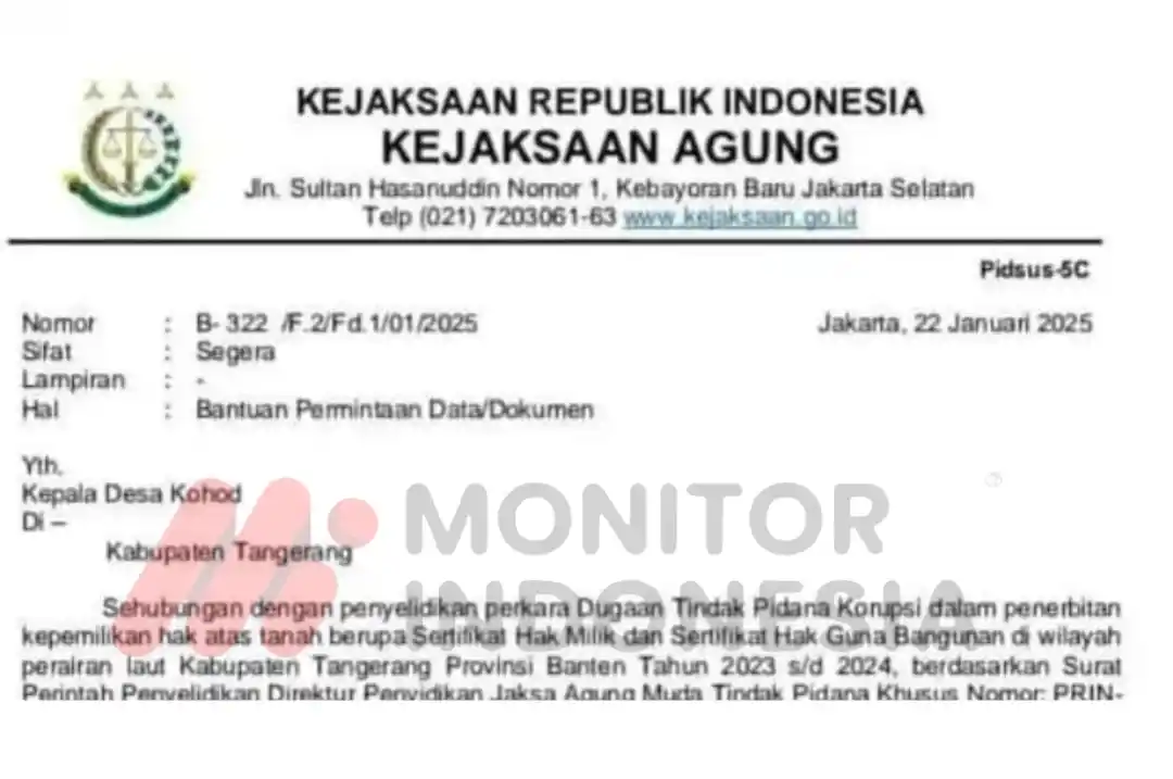 Surat permintaan data atau dokumen dalam penyelidikan kasus dugaan korupsi penerbitan hak atas bangunan berupa Sertifikat Hak Milik dan Sertifikat Hak Guna Bangunan (SHGB) di wilayah perairan laut Kabupaten Tangerang, Provinsi Banten Tahun 2023-2024 (Foto: Dok MI)