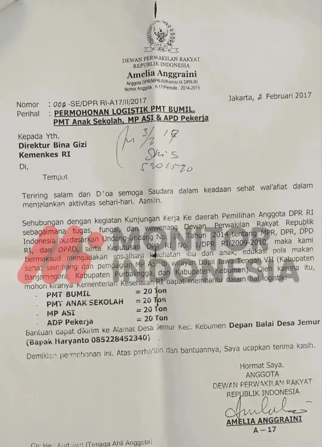 Surat permohonan logistik PMT BUMIL, PMT Anak Sekolah, MP ASI dan APD Pekerja kepada Direktur Bini Gizi Kementerian Kesehatan (Kemenkes) RI. (Foto: Dok MI)
