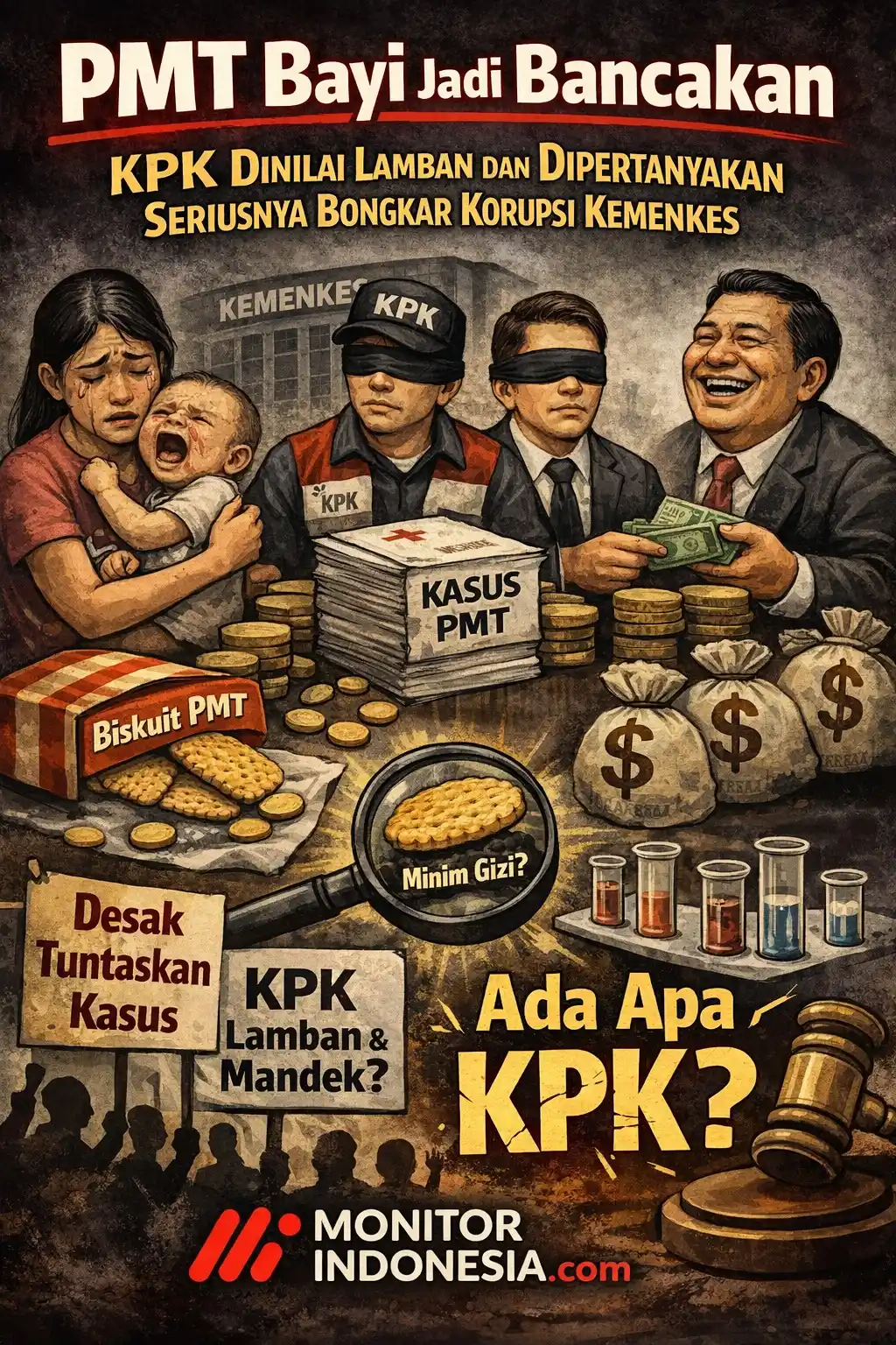 Ilustrasi ini menggambarkan dugaan korupsi dalam program Pemberian Makanan Tambahan (PMT) bayi dan ibu hamil yang menuai sorotan publik. Di bagian depan tampak ibu dan bayi sebagai simbol korban kebijakan yang menyimpang, sementara biskuit PMT dengan label “minim gizi” melambangkan dugaan pengurangan kandungan nutrisi. Tumpukan berkas bertuliskan “Kasus PMT”, karung uang, dan sosok berkedok menutup mata merepresentasikan praktik korupsi serta lambannya penanganan perkara.  Di sisi lain, figur aparat penegak hukum dengan penutup mata mencerminkan kritik terhadap kinerja KPK yang dinilai lamban dan belum tegas menuntaskan kasus. Latar gedung Kementerian Kesehatan, poster desakan publik, serta palu hukum menegaskan tuntutan agar kasus ini diusut tuntas secara transparan dan akuntabel demi melindungi hak dasar bayi dan ibu hamil. (Foto: Dok MI)