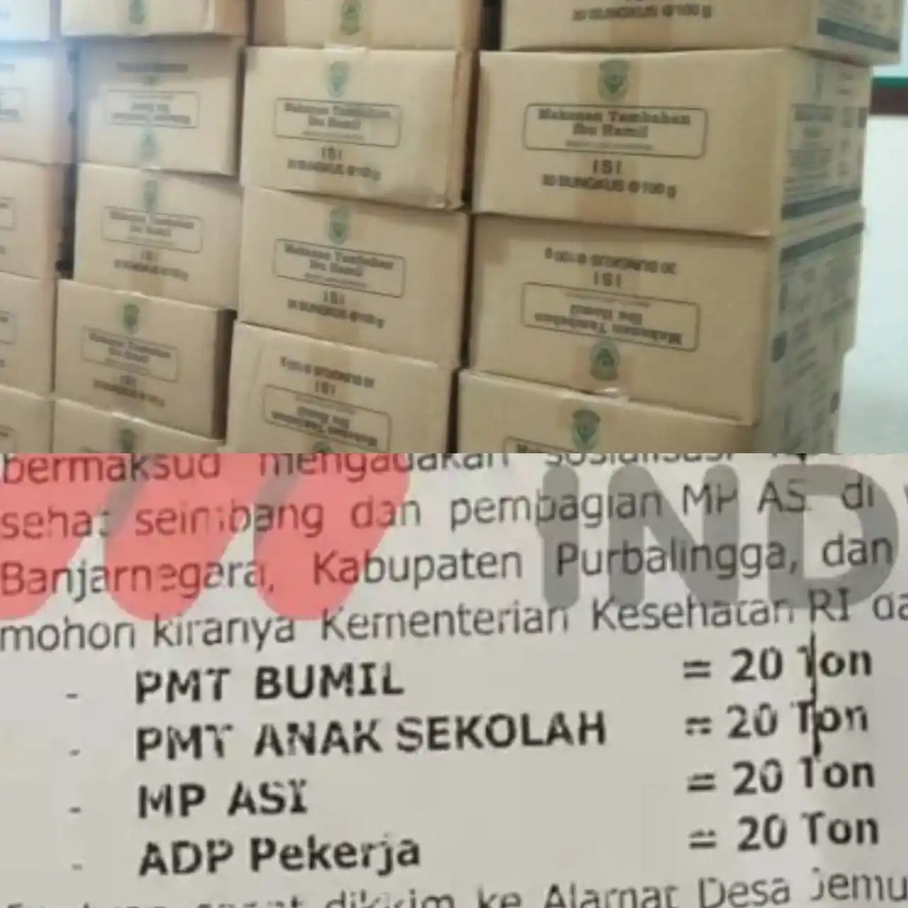 Potongan Surat permohonan logistik PMT BUMIL, PMT Anak Sekolah, MP ASI dan APD Pekerja kepada Direktur Bini Gizi Kementerian Kesehatan (Kemenkes) RI. (Foto: Kolase MI)