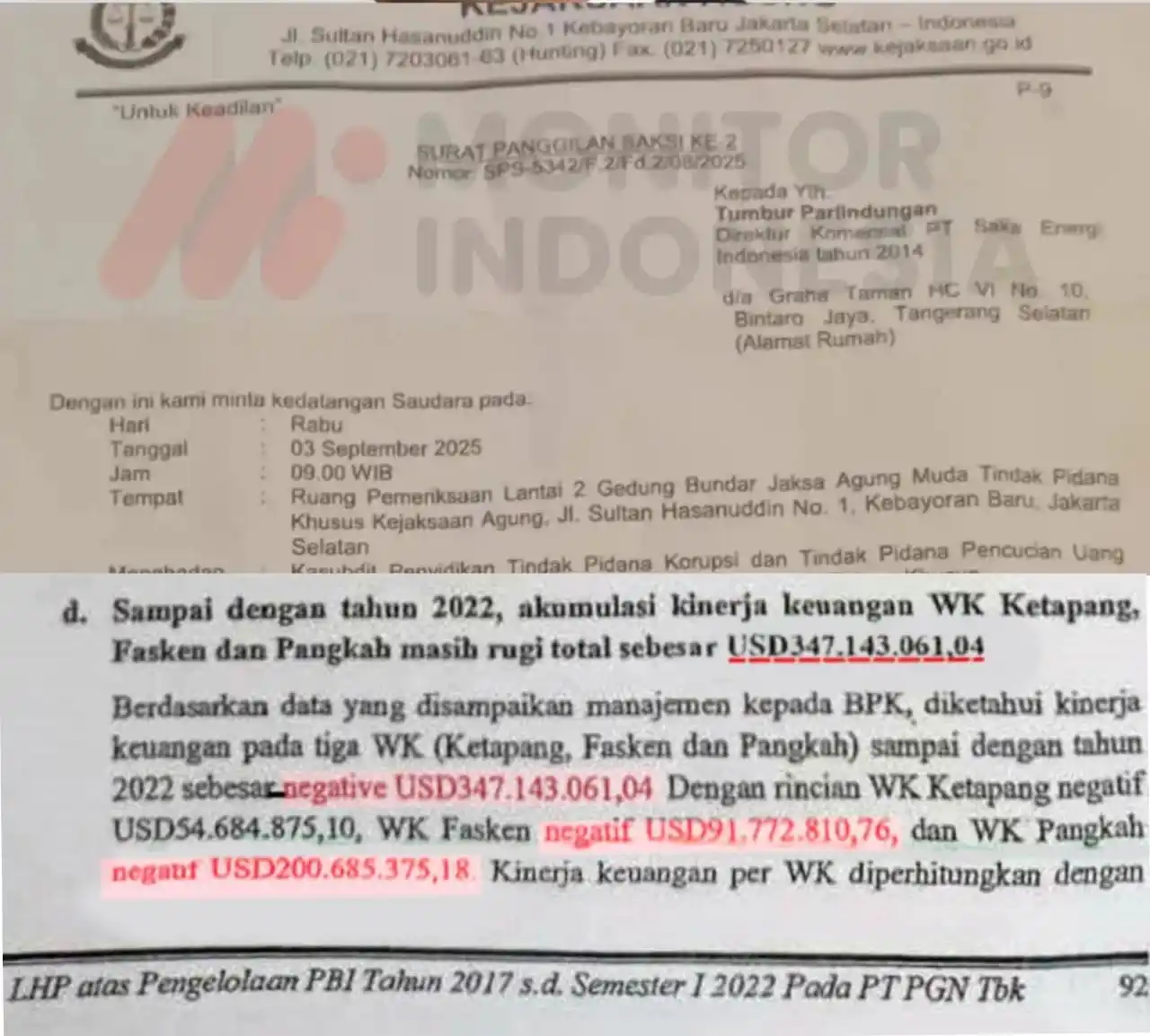 Kutipan LHP atas Pengelolaan PBI Tahun 2017 s.d. Semester I 2022 pada PT PGN Tbk (bawah) dan Surat Panggilam Jampidsus Kejagung terhadap Direktur PT SEI Tumbur Parlindungan (atas) (Foto: Kolase MI)