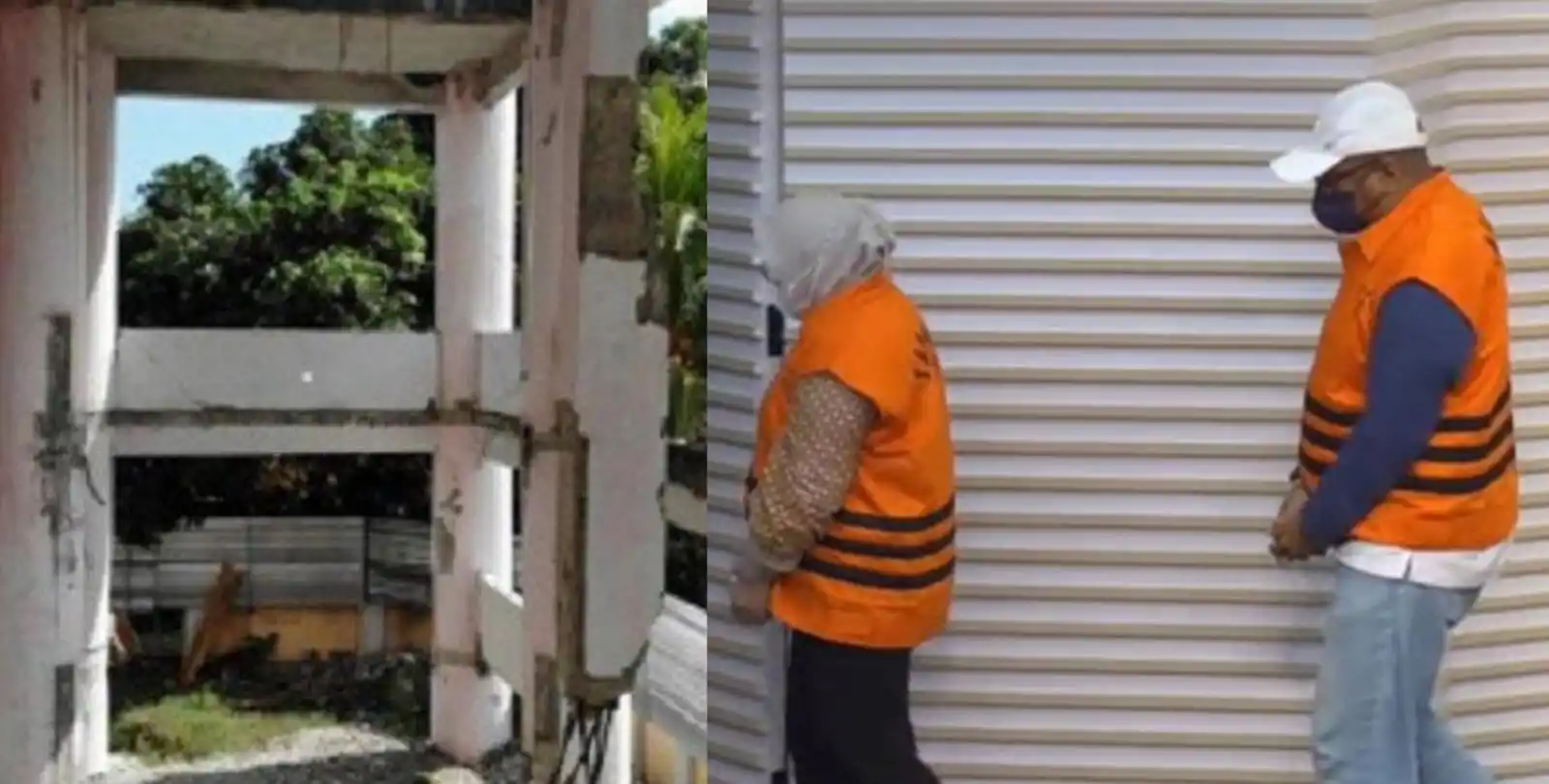 Penampakan shelter tsunami di Nusa Tenggara Barat (NTB) yang diduga dikorupsi saat proses pembangunannyan (kiri) dan 2 tersangka; Eks Pejabat Waskita Karya Agus Herijanto; dan PPK PUPR Aprielely Nirmala (Foto: Kolase MI/Aswan)