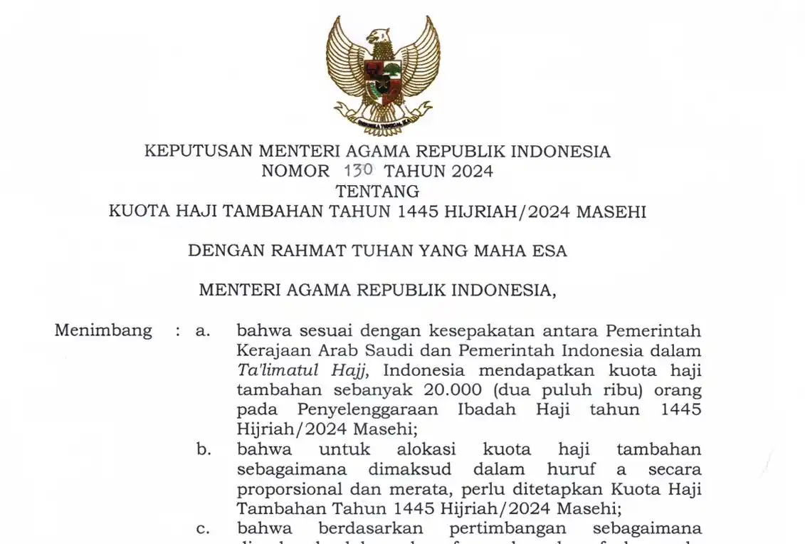 Surat Keputusan (SK) Menteri Agama RI Nomor 130 Tahun 2024 tentang Kuota Haji Tambahan Tahun 1445 Hijriah/2024 Masehi (Foto: Dok MI)