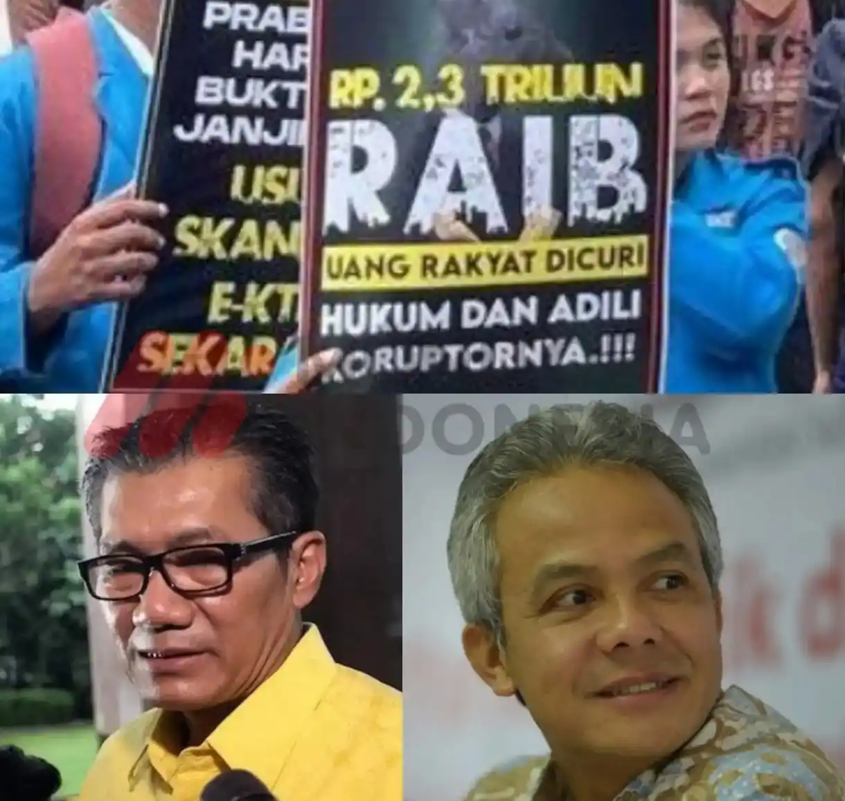 Aliansi Mahasiswa Peduli Demokrasi (AMPD) (atas), Ganjar Pranowo (kanan) dan Agun Gunandjar (kiri) (Foto: Kolase MI/Diolah)