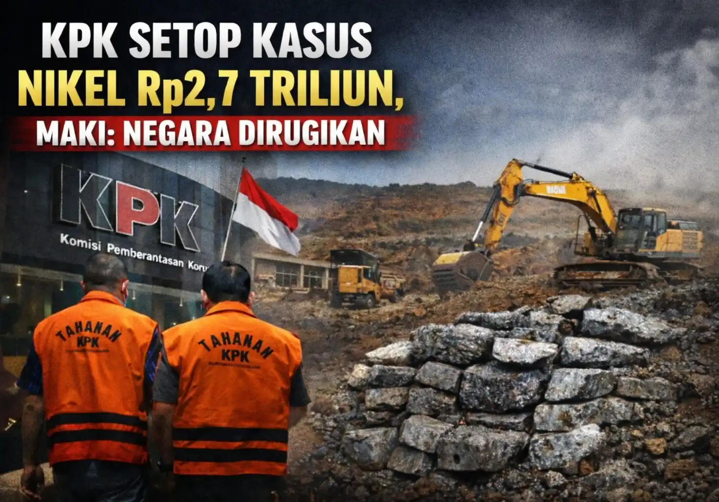 Ilustrasi gedung Komisi Pemberantasan Korupsi (KPK), tahanan kasus korupsi, dan aktivitas pertambangan nikel sebagai simbol dihentikannya penyidikan kasus dugaan korupsi izin tambang nikel di Konawe Utara yang ditaksir merugikan negara hingga Rp2,7 triliun. (Dok MI/Diolah dari berbagai sumber)