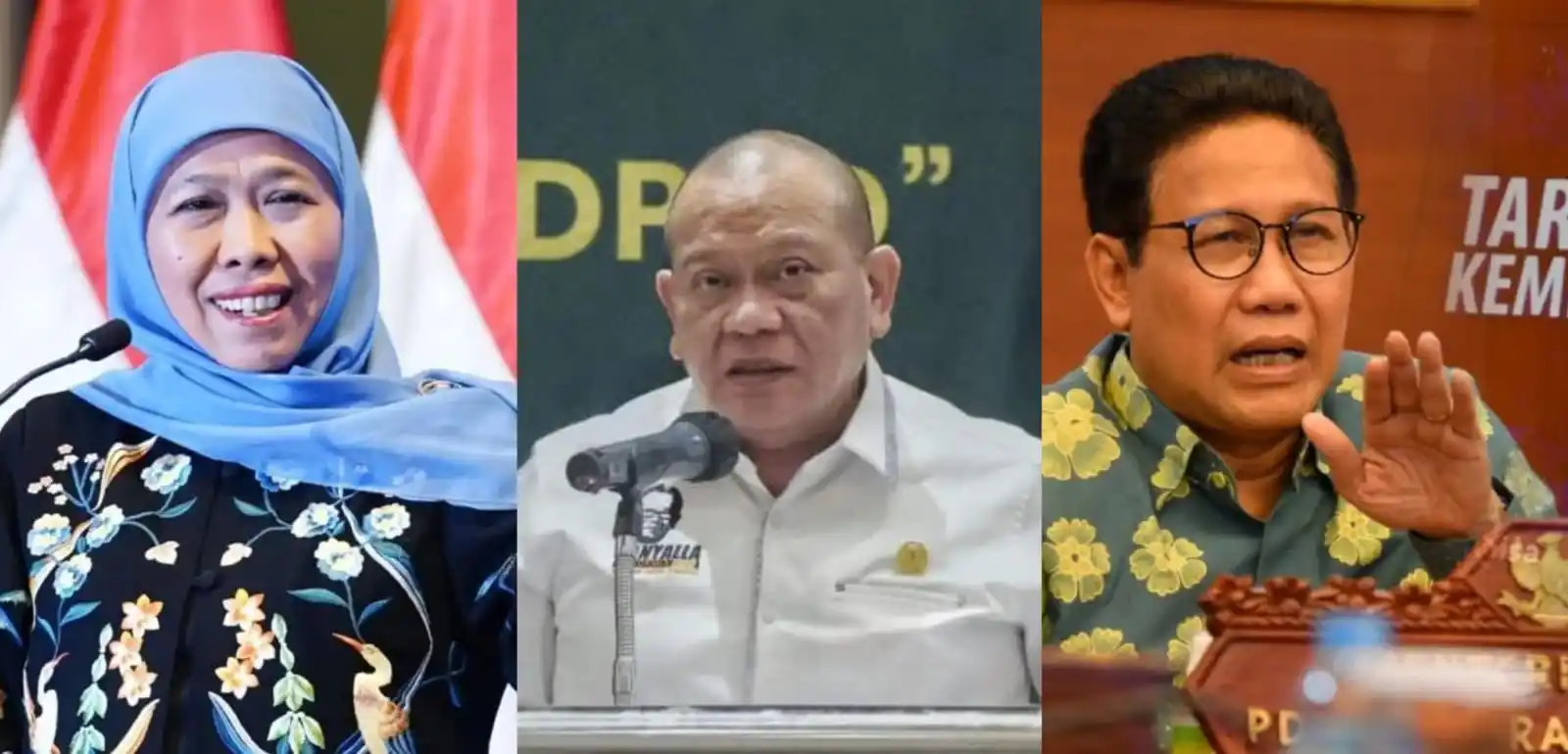 Mantan Menteri Desa, Pembangunan Daerah Tertinggal, dan Transmigrasi (Mendes PDTT) Abdul Halim Iskandar (kanan), anggota DPD RI AA La Nyalla Mahmud Mattalitti (tengah) dan Gubernur Jawa Timur Khofifah Indar Parawansa (kiri) (Foto: Kolase MI)