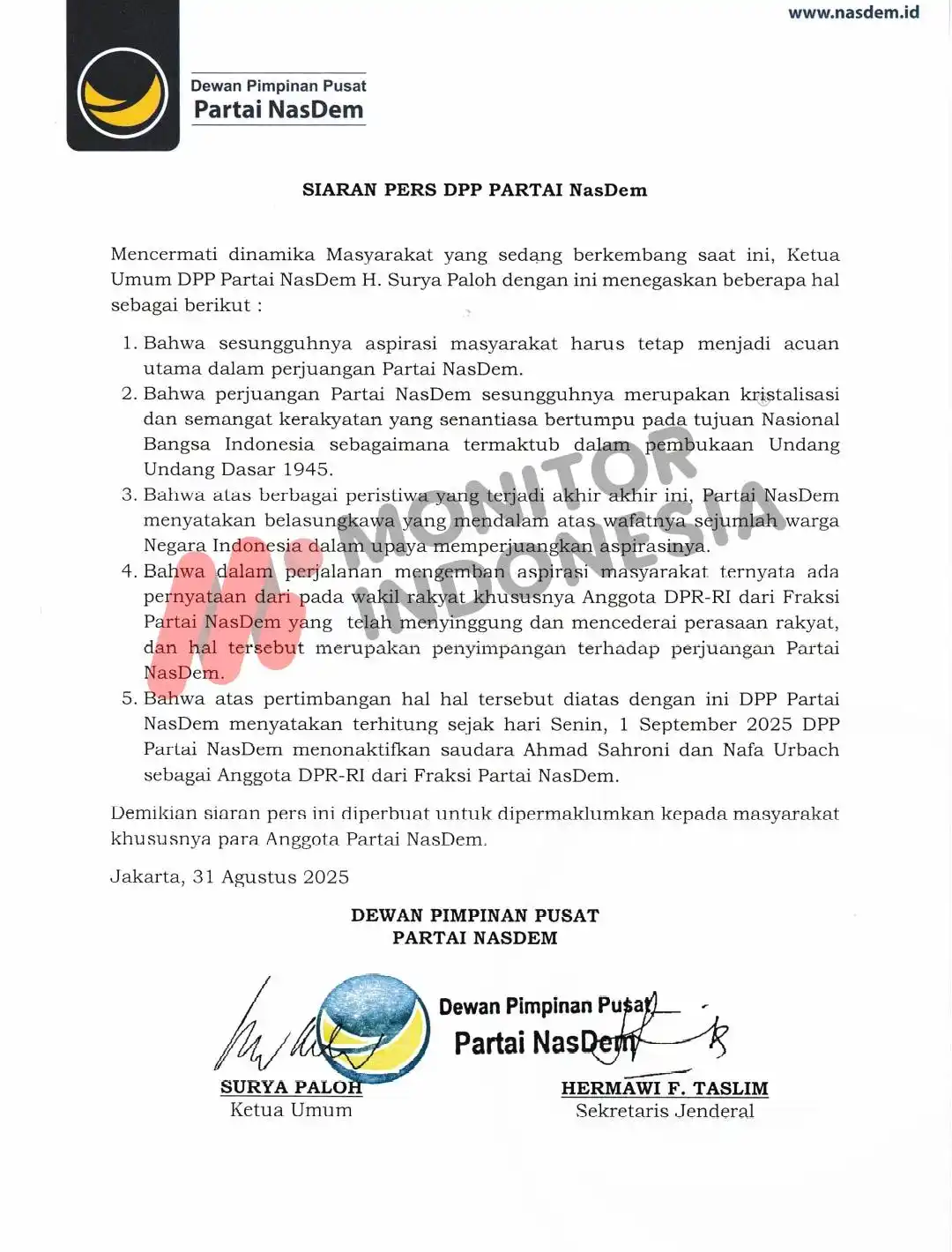 Siaran Pers Partai Nasdem (Foto: Dok/MI/NasDem)