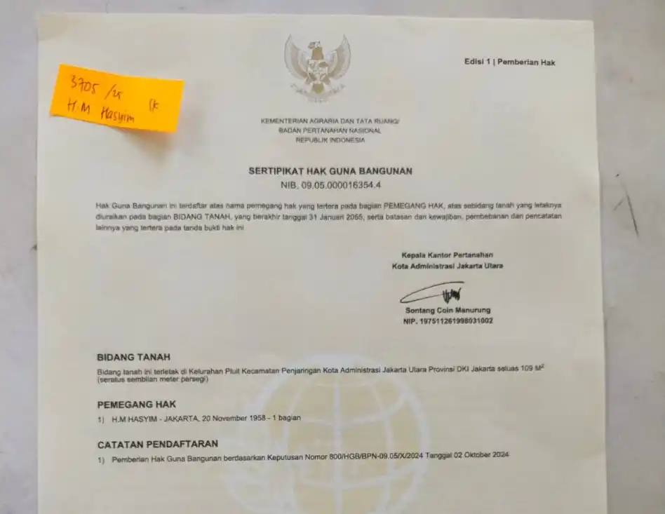 Sertipikat HGB Nelayah Muara Angke (Foto: Dok MI)