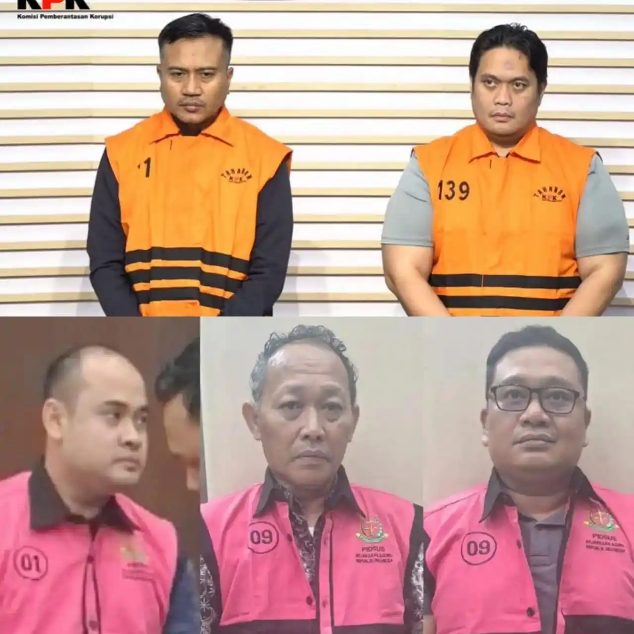 OTT KPK berhasil menjaring jaksa yang bertugas di Kejaksaan Tinggi Banten. Keterangan dari kiri ke kanan: HMK selaku Kasi Pidum Kejari Tangerang, RZ selaku Kasubbag Daskrimti Kejati Banten, RV selaku Kasi D Kejati Banten (bawah) & Kepala Kejaksaan Negeri (Kajari) Hulu Sungai Utara, Albertinus P Napitupulu dan Kepala Seksi Intelijen (Kasi Intel) Asis Budianto sebagai tersangka terkait kasus dugaan pemerasan kepada sejumlah perangkat daerah di Hulu Sungai Utara, Kalimantan Selatan, Sabtu (20/12-2025) (atas) (Foto: Kolase MI/Diolah)