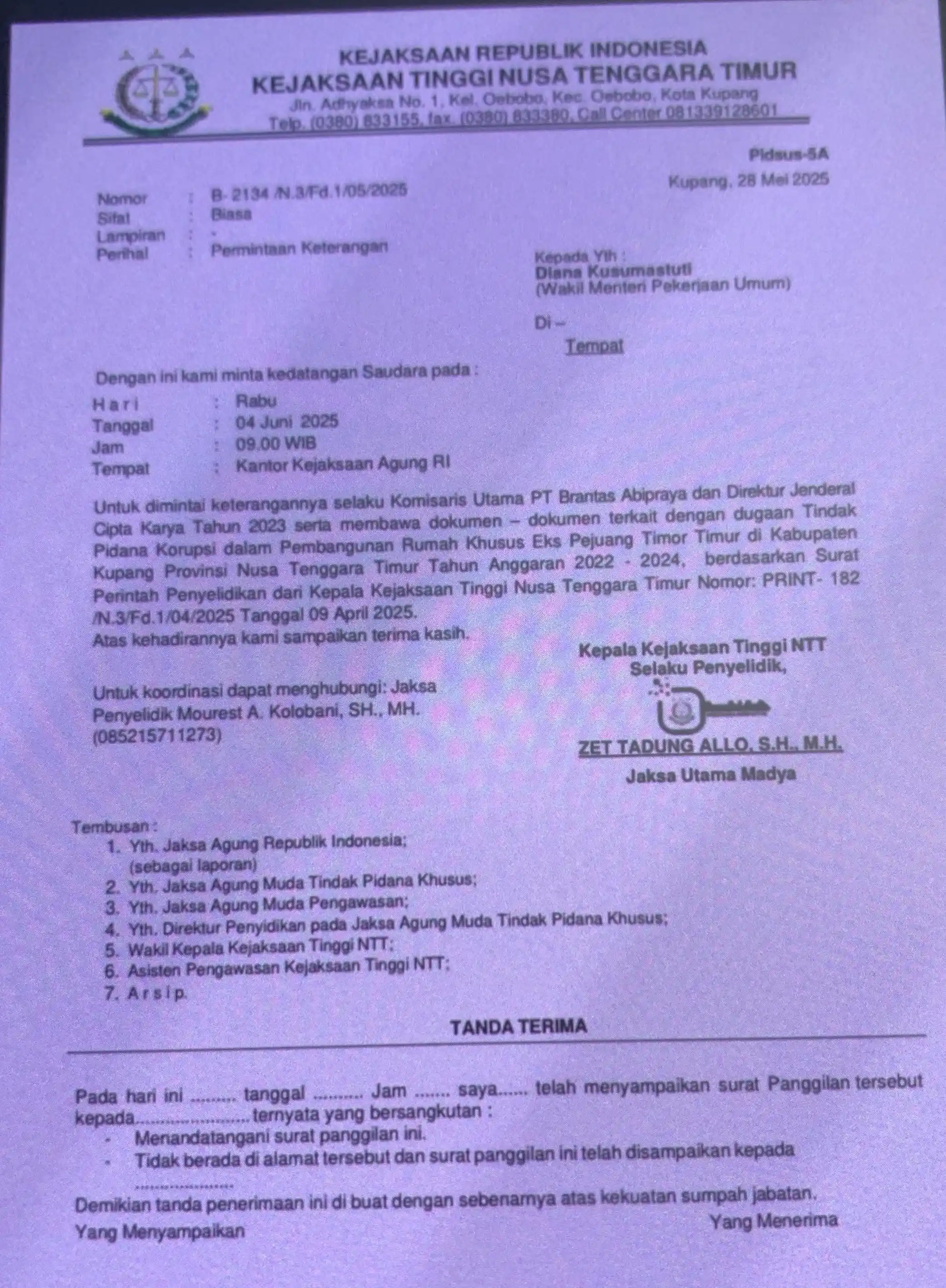 Surat pemanggilan kedua Kejati NTT kepada Wakil Menteri PU, Diana Kusumastuti