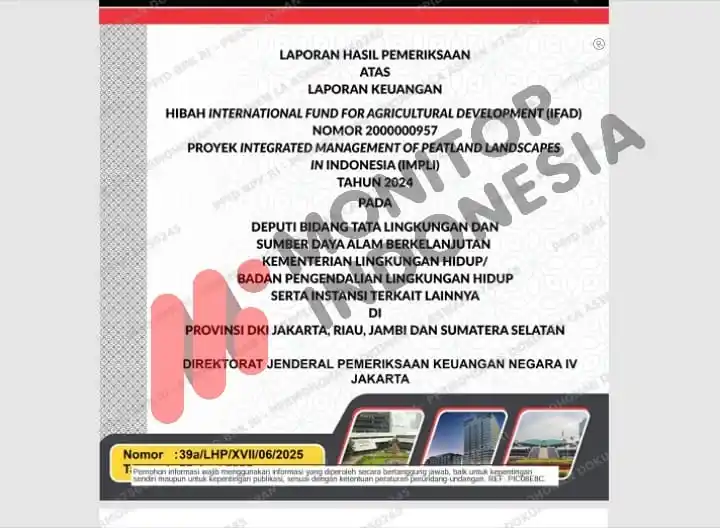 Laporan Hasil Pemeriksaan (LHP) Badan Pemeriksa Keuangan (BPK) RI atas laporan keuangan hibah International Fund for Agricultural Development (IFAD) Nomor 2000000957 untuk Proyek Integrated Management of Peatland Landscapes in Indonesia (IMPLI) Tahun 2024.  Laporan ini ditujukan kepada Deputi Bidang Tata Lingkungan dan Sumber Daya Alam Berkelanjutan Kementerian Lingkungan Hidup/Badan Pengendalian Lingkungan Hidup serta instansi terkait lainnya, dengan cakupan wilayah DKI Jakarta, Riau, Jambi, dan Sumatera Selatan.  Dokumen bernomor 39a/LHP/XVII/06/2025 tersebut diterbitkan oleh Direktorat Jenderal Pemeriksaan Keuangan Negara IV BPK RI di Jakarta sebagai hasil audit atas pengelolaan dana hibah IFAD pada proyek pengelolaan lanskap gambut terpadu tahun anggaran 2024.