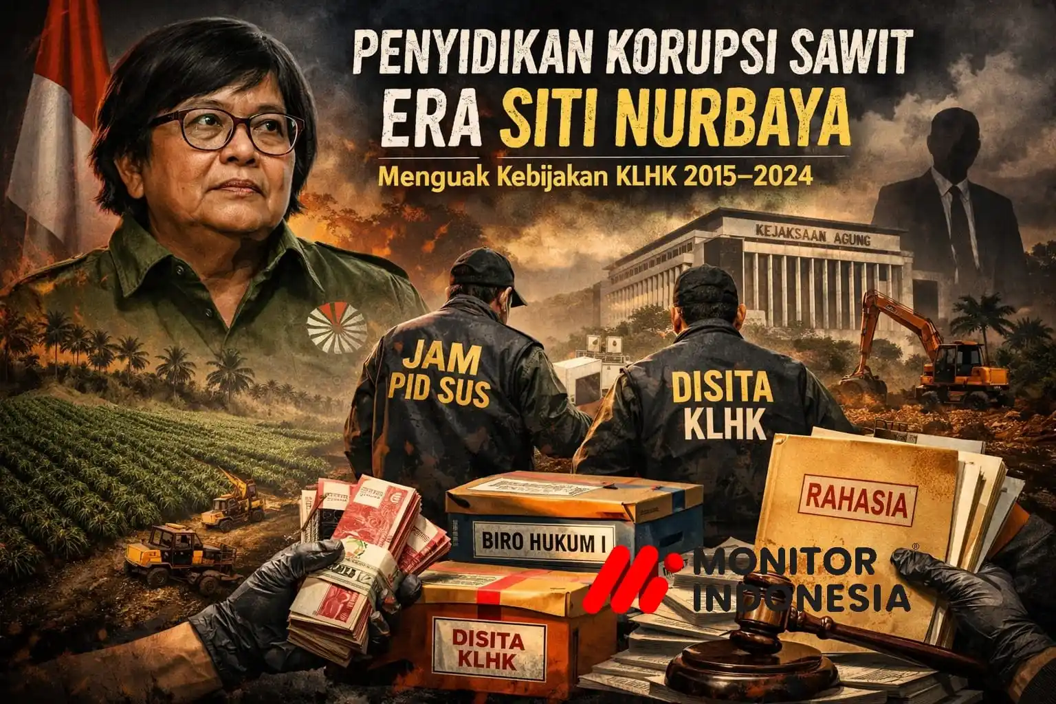 Ilustrasi penyidikan dugaan korupsi tata kelola industri dan perkebunan kelapa sawit periode 2015–2024 yang beririsan dengan masa kepemimpinan Menteri LHK saat itu. Visual menampilkan simbol penggeledahan, penyitaan dokumen, serta latar perkebunan sawit dan gedung Kejaksaan Agung sebagai gambaran proses hukum dan sorotan terhadap kebijakan pelepasan kawasan hutan.  (Dok MI)