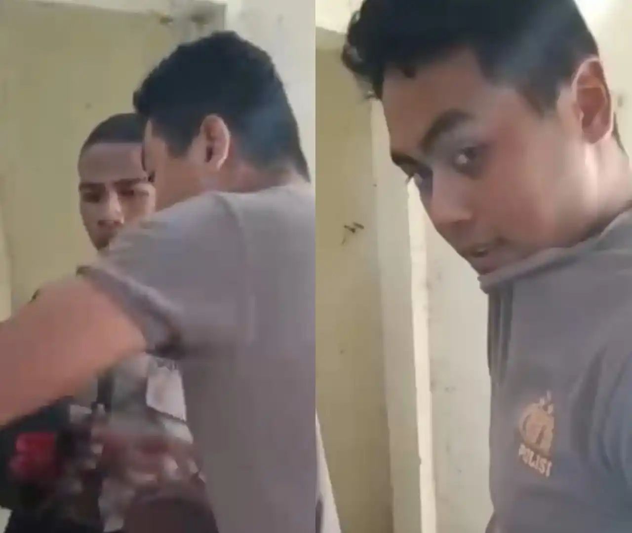 Tangkapan layar seorang polisi menghajar dua siswa Sekolah Polisi Negara (SPN) Polda Nusa Tenggara Timur (NTT) (Foto: Kolase MI)