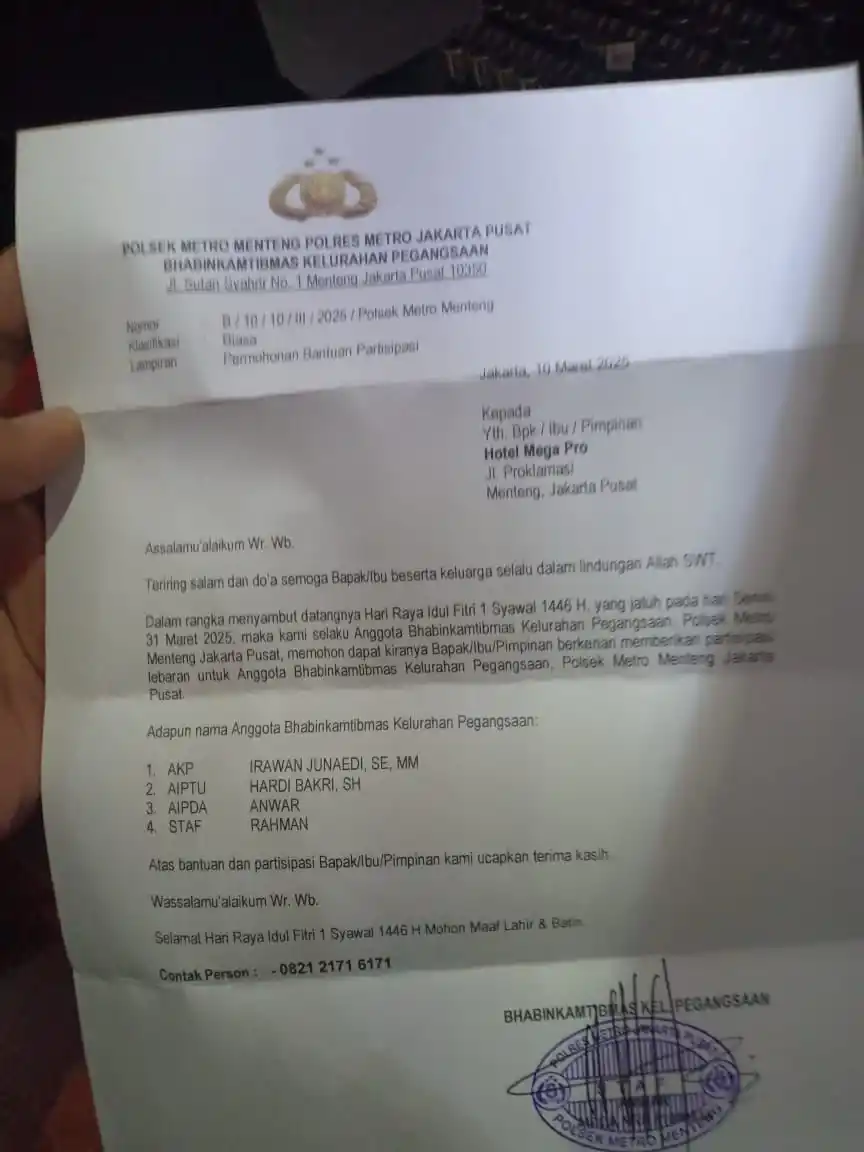 Surat Dari Polsek Metro Menteng Kelurahan Pegangsaan minta THR