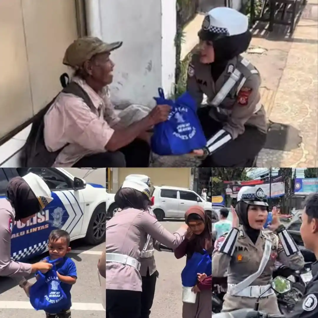 Polwan cantik Satlantas Polres Garut saat membagikan bingkisan kepada warga, masyarakat dalam kegiatan 'Jutawan', Jumat (7/3/2025). (Foto: Tangkapan layar)