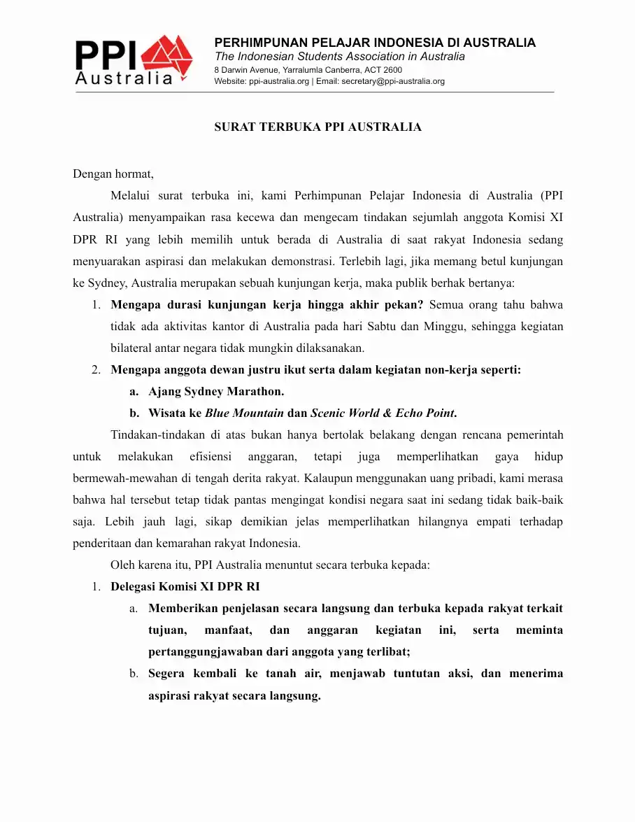 Perhimpunan Pelajar Indonesia (PPI) Australia menyampaikan rasa kecewa serta mengecam tindakan sejumlah anggota Komisi XI DPR RI yang lebih memilih untuk berada di Australia, Sidney (30/8). (foto : dok/MI/PPI)