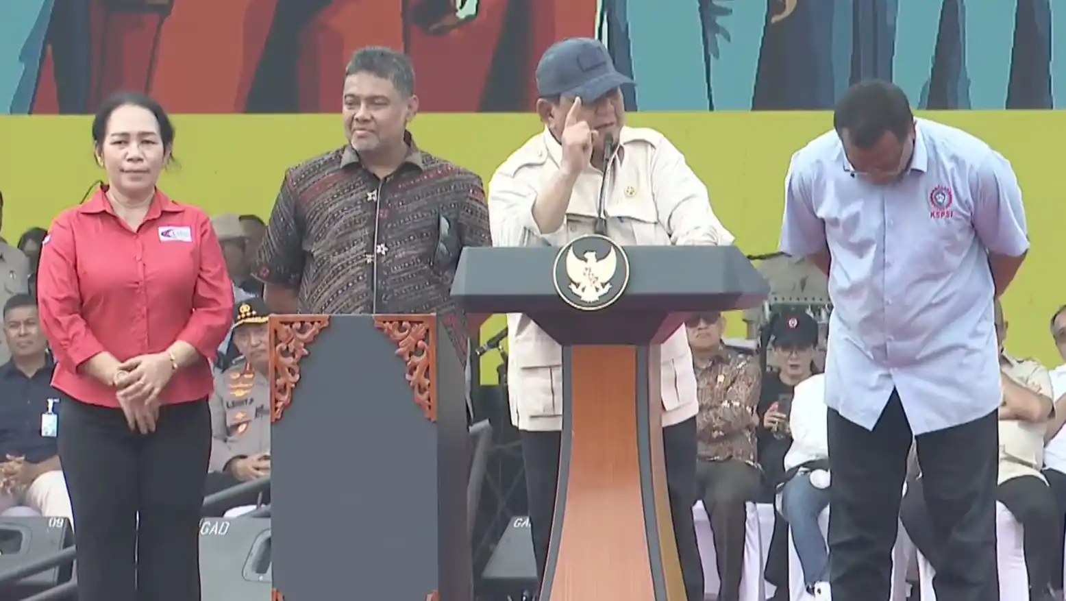 Presiden Prabowo Subianto saat menghadiri acara May Day Fiesta 2025 di Lapangan Monas, Jakarta Pusat, Kamis (1/5/2025). (Foto: Tangkapan Layar)