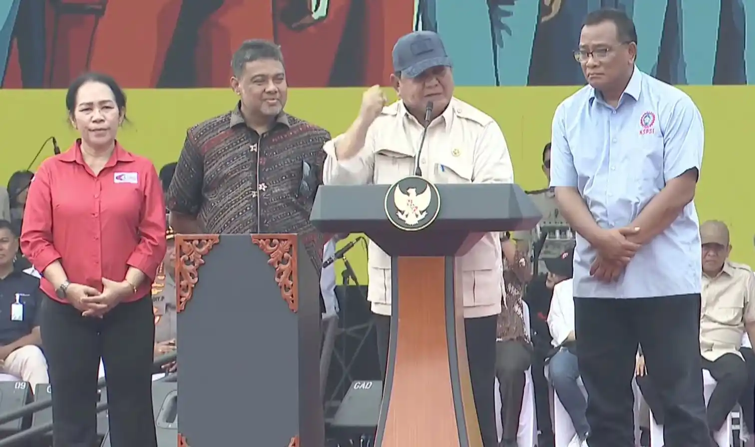 Presiden Prabowo Subianto saat menghadiri acara May Day Fiesta 2025 di Lapangan Monas, Jakarta Pusat, Kamis (1/5/2025). (Foto: Tangkapan Layar)