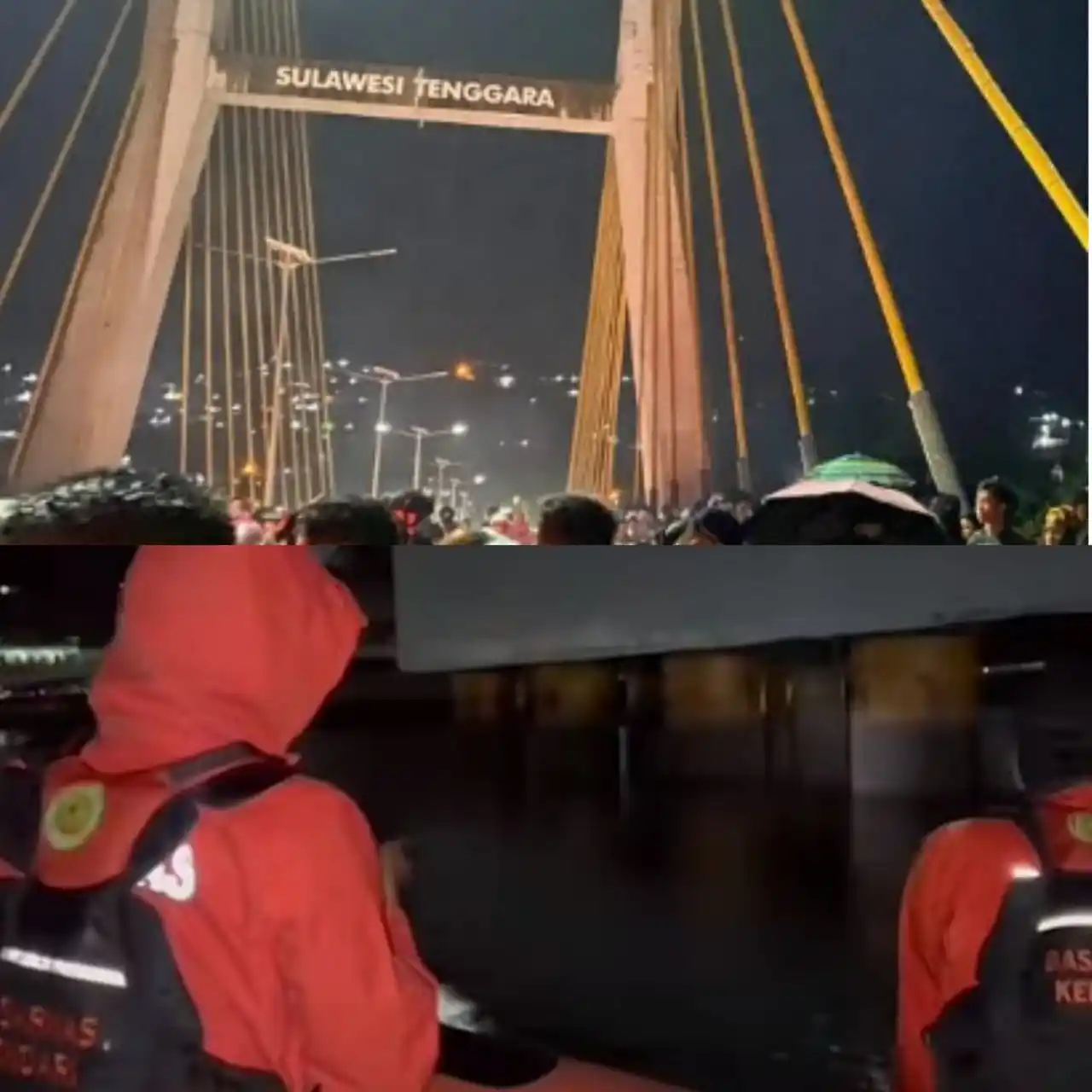 Tim SAR Gabungan dikerahkan untuk mencari seorang pria yang berinisial MAI (21) yang diduga melompat ke laut dari Jembatan Teluk Kendari, Kota Kendari, Provinsi Sulawesi Tenggara (Sultra) pada Minggu (1/6/2025) (Foto: Kolase MI/Aswan)