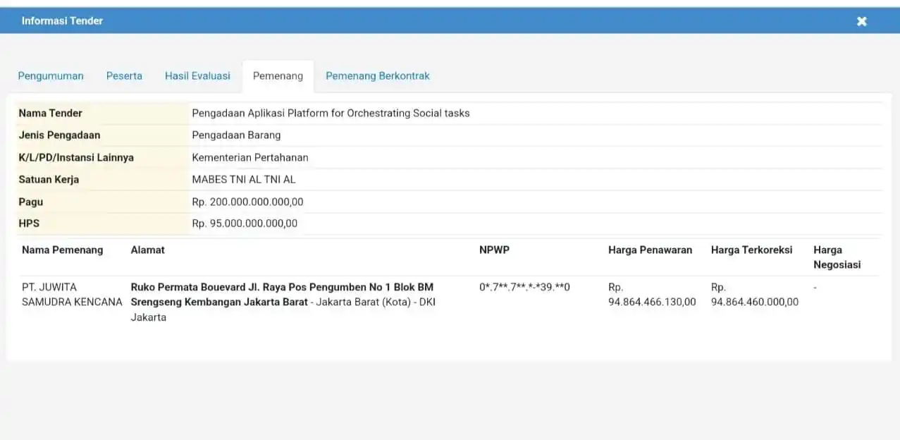 Pejabat Pembuat Komitmen (PPK) didesak agar membatalkan hasil tender pengadaan aplikasi Platform for Orchestrating Social Tasks TNI AL (Foto: Istimewa)