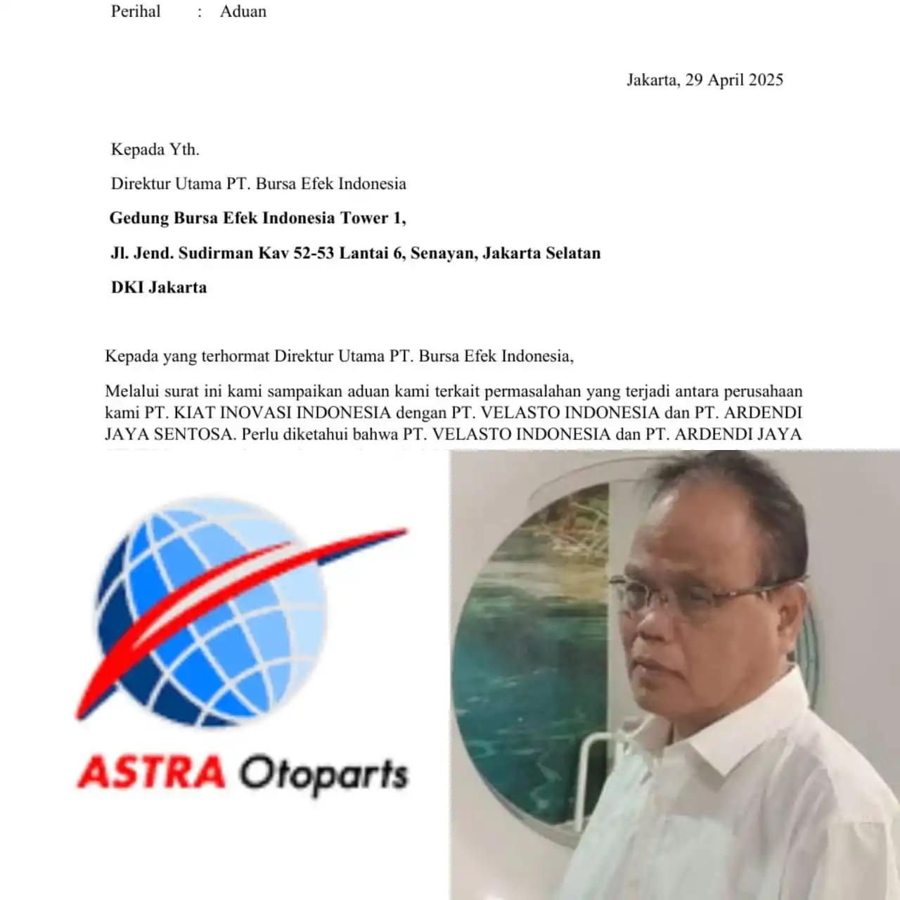 irektur Utama (Dirut) PT Kiat Inovasi Indonesia (KII) H Sukiyat mengadukan anak usaha PT Astra Ortopart Tbk (AUTO), yakni PT Valesto Indonesia dan PT Ardendi Jaya Sentosa ke PT Bursa Efek Indonesia (BEI), Selasa (29/4/2025). (Foto: Kolase MI)
