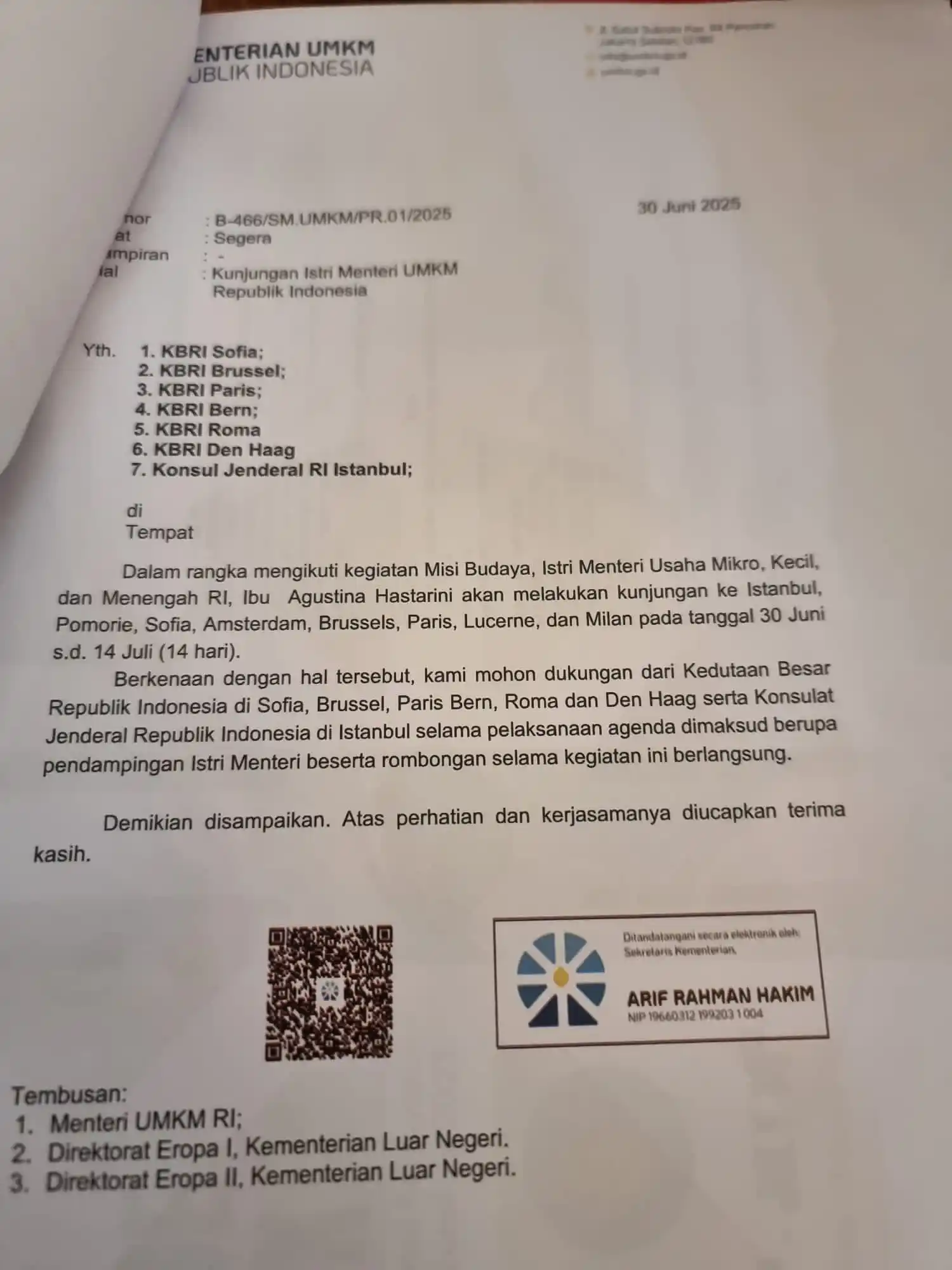 Surat Permintaan Untuk Mendampingi Istri Menteri UMKM