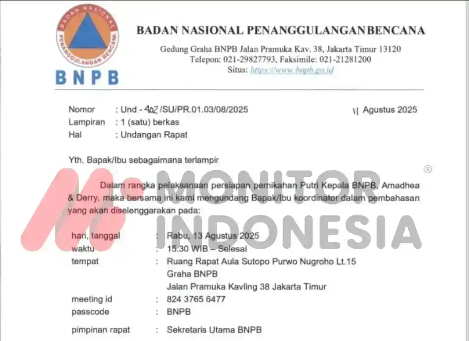 Kop surat Badan Nasional Penanggulangan Bencana (BNPB) diduga dipakai untuk kepentingan pernikahan putri Kepala Badan Nasional Penanggulangan Bencana (BNPB) Letnan Jenderal TNI Suharyanto. (Foto: Dok MI)
