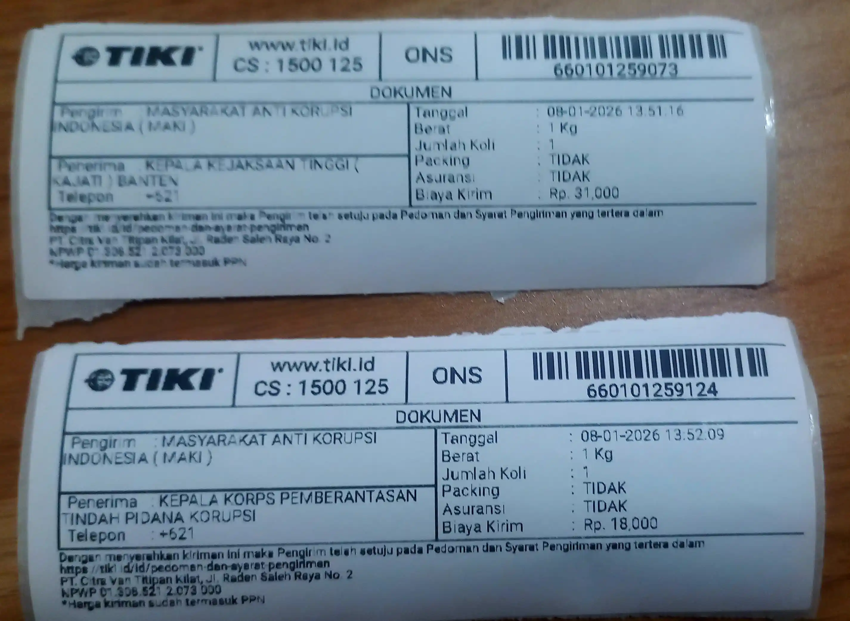 Tanda Terima Surat Maki - Pagar Laut - Kepala Korp Tipidkor. (Dok Istimewa)