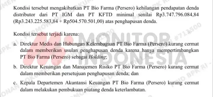 Laporan Hasil Pemeriksaan (LHP) Kepatuhan atas pengelolaan pendapatan, beban, dan kegiatan investasi PT Bio Farma periode 2022 hingga Semester I 2024. (Foto: Dok MI)