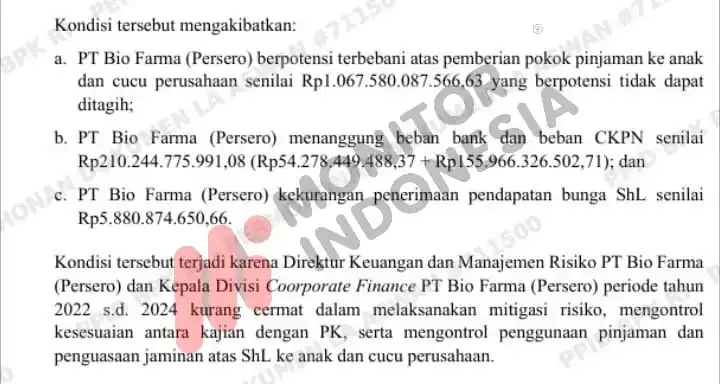 Laporan Hasil Pemeriksaan (LHP) Kepatuhan atas pengelolaan pendapatan, beban, dan kegiatan investasi PT Bio Farma periode 2022 hingga Semester I 2024. (Foto: Dok MI)