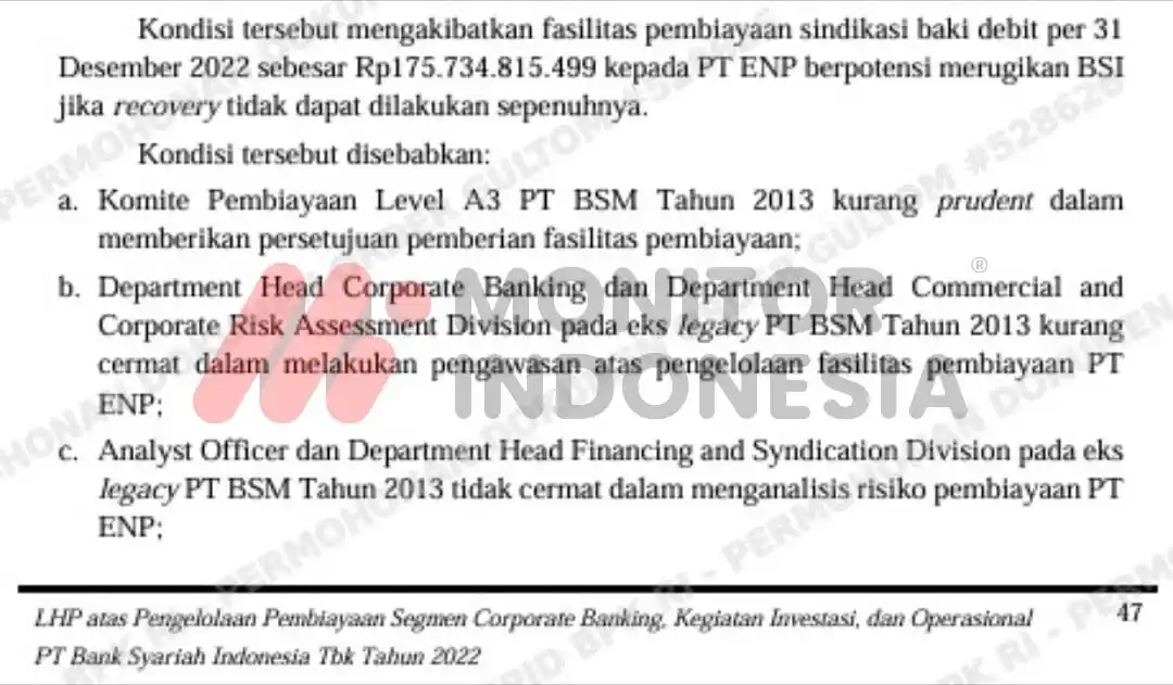 Laporan Hasil Pemeriksaan (LHP) yang dirilis Badan Pemeriksa Keuangan kembali membongkar borok tata kelola pembiayaan perbankan nasional. Dalam LHP Nomor 30/AUDITAMA VII/PDTT/9/2024 tertanggal 4 September 2024 oleh Auditorat Utama Keuangan Negara VII (Foto: Dok MI)