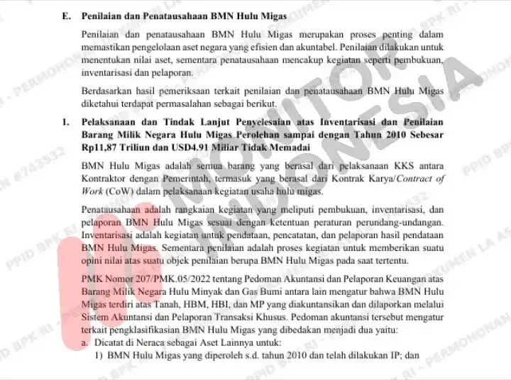 Laporan Hasil Pemeriksaan Dengan Tujuan Tertentu (LHP DTT) Badan Pemeriksa Keuangan (BPK) atas pengelolaan Barang Milik Negara (BMN) sektor hulu minyak dan gas bumi tahun 2022–2024 pada Kementerian Keuangan sebagai Bendahara Umum Negara dan instansi terkait. Dokumen bernomor 45/LHP/XV/07/2025 ini diterbitkan pada 10 Juli 2025 oleh Direktorat Jenderal Pemeriksaan Keuangan Negara II. (Foto: Dok MI/BPK)