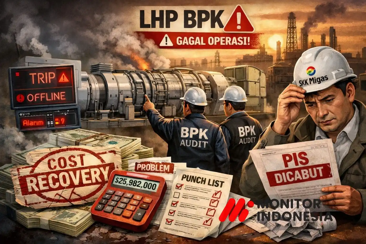 Ilustrasi kondisi pembangkit listrik Gas Turbine Drive Generator (GTG-D) pada proyek hulu migas yang tidak dapat beroperasi optimal, disertai sorotan potensi pembebanan cost recovery dan evaluasi proyek berdasarkan temuan audit pengelolaan aset negara di sektor migas. (Dok MI)