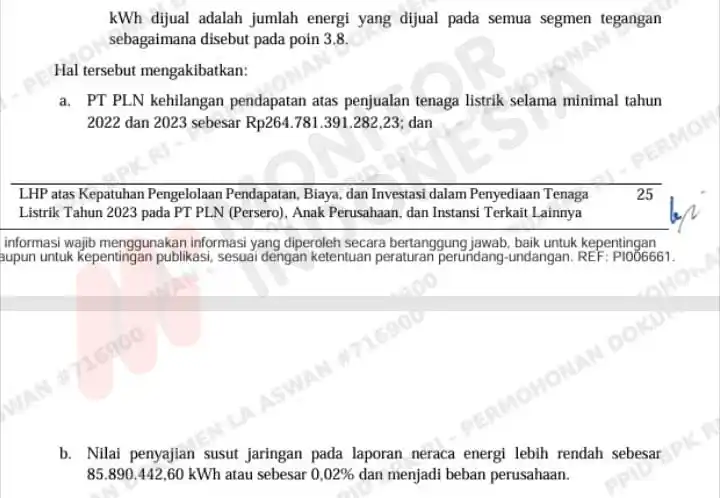Laporan Hasil Pemeriksaan (LHP) atas kepatuhan pengelolaan pendapatan, biaya, dan investasi dalam penyediaan tenaga listrik tahun 2023 PT Perusahaan Listrik Negara (Persero), anak perusahaan, dan instansi terkait lainnya di DKI Jakarta, Jawa Barat, Jawa Tengah, Jawa Timur, Bali, Sumatera Utara, Riau, Kepulauan Riau, Sumatera Selatan, Kalimantan Timur, Nusa Tenggara Barat, Sulawesi Utara, Sulawesi Selatan, dan Maluku - Direktorat Jenderal Pemeriksaan Keuangan Negara VII Tahun 2025 Nomor: 35/T/LHP/DJPKN-VII/PBN.02/07/2025 Tanggal: 29 Juli 2025. (Foto: Dok MI)