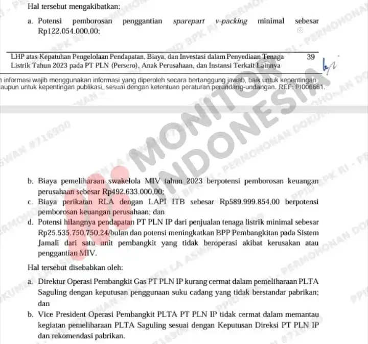 Laporan Hasil Pemeriksaan (LHP) atas kepatuhan pengelolaan pendapatan, biaya, dan investasi dalam penyediaan tenaga listrik tahun 2023 PT Perusahaan Listrik Negara (Persero), anak perusahaan, dan instansi terkait lainnya di DKI Jakarta, Jawa Barat, Jawa Tengah, Jawa Timur, Bali, Sumatera Utara, Riau, Kepulauan Riau, Sumatera Selatan, Kalimantan Timur, Nusa Tenggara Barat, Sulawesi Utara, Sulawesi Selatan, dan Maluku - Direktorat Jenderal Pemeriksaan Keuangan Negara VII Tahun 2025 Nomor: 35/T/LHP/DJPKN-VII/PBN.02/07/2025 Tanggal: 29 Juli 2025. (Foto: Dok MI)