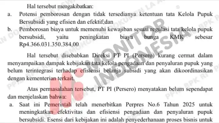 Laporan Hasil Pemeriksaan (LHP) Badan Pemeriksa Keuangan (BPK) atas kinerja PT Pupuk Indonesia (Persero) dalam penyediaan pupuk dan peningkatan daya saing perusahaan selama periode 2022, 2023, hingga Semester I 2024. Laporan bernomor 39/T/LHP/DJPKN-VII/PBN.01/07/2025 dengan tanggal 29 Juli 2025 (Foto: Dok MI)